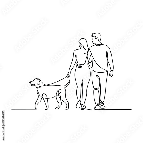 Couple walking their dog together on a leash in a simple line drawing