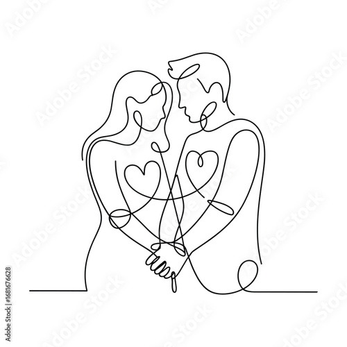 Continuous line drawing of a couple embracing with hearts symbolizing love