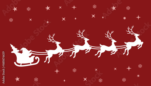 Santa’s sleigh pulled by reindeer on a red background with snowflakes and stars