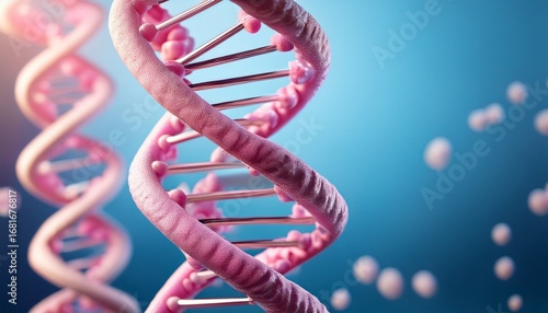 close up view of a pink dna double helix structure against a soft blue background showcasing the intricate design and molecular beauty of genetic material in a scientific context