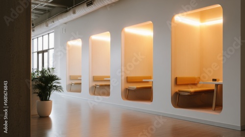 Open office with capsule-style pods illuminated by warm light and natural daylight from large windows. A modern hybrid workspace with greenery.