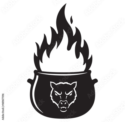Black and white illustration of a cauldron with flames and a mystical wolf emblem