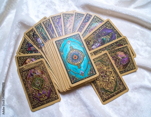 Ornate tarot cards fanned out on a white cloth