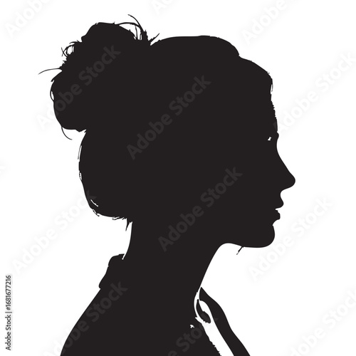 Elegant silhouette profile of a woman with hair in a bun on a clean silhouette