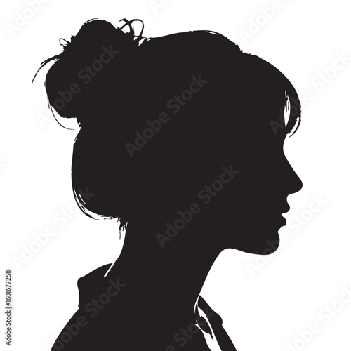 Elegant silhouette profile of a woman with hair in a bun on a clean silhouette