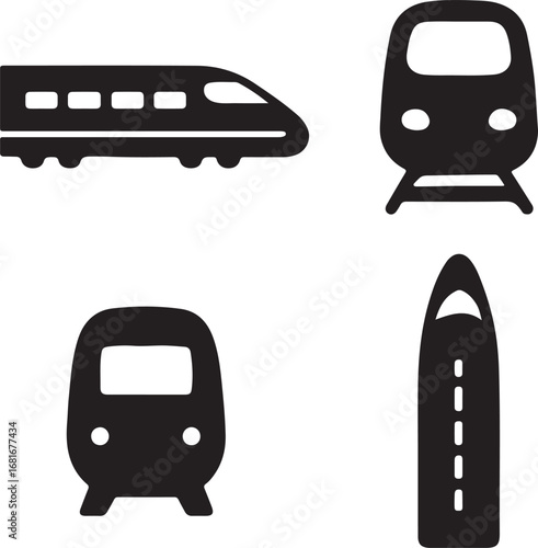 high speed train silhouette icons set side, front, back, and top views vector art illustration