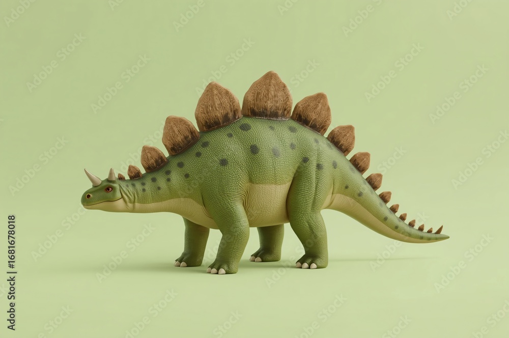Fototapeta premium Stegosaurus model, green background, studio shot, kids' book illustration