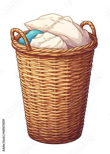 A rustic wicker laundry basket with handles is isolated on a white background