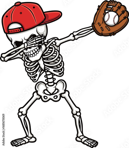 Cartoon skeleton baseball player dabbing with red cap and baseball glove isolated