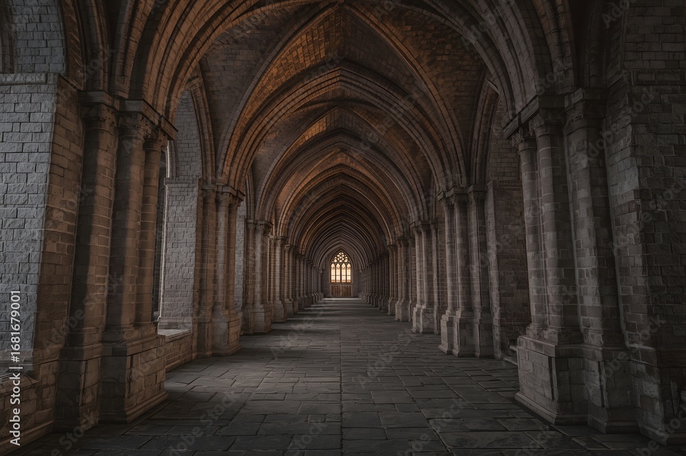 Fototapeta premium Ultra Detailed Medieval Church Corridor with Gothic Arches