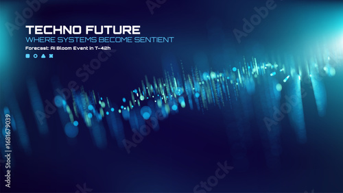 Digital wave of data flow with glowing particles on dark blue background. Abstract technology or science concept.