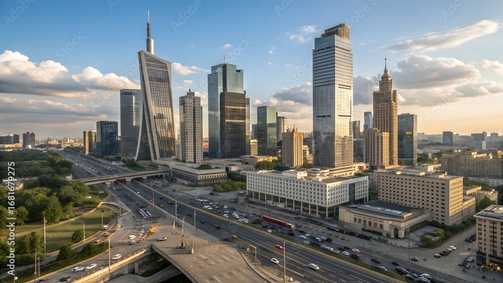 Fototapeta premium aerial view of busy modern city skyline during day