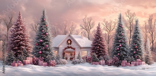 Snow covered house with decorated Christmas trees and pink gifts winter home
