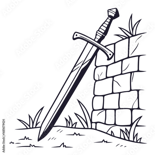 Black and White Drawing of Medieval Sword Leaning on Stone Wall grass