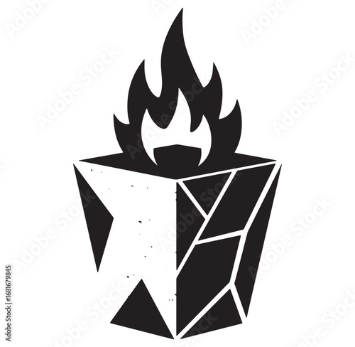 Black and white illustration of a torch with flame and geometric abstract modern design