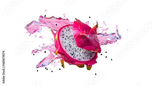 Vibrant dragon fruit half splashing in pink liquid isolated on transparent background