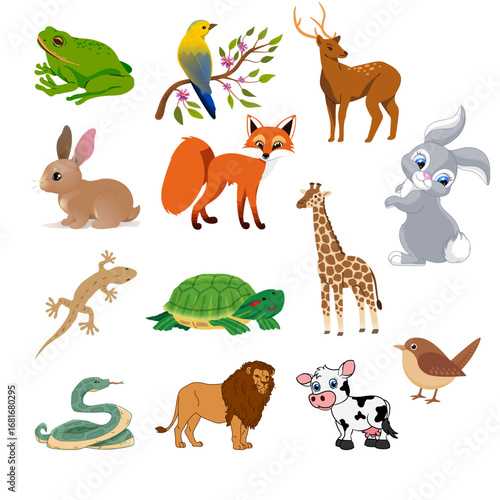 A vibrant collection of diverse cartoon animals, including a frog, bird, deer, rabbit, fox, giraffe, lizard, turtle, snake, lion, cow, and another bird, all set against a white background.