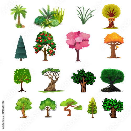 A collection of various illustrated trees, showcasing different shapes, colors, and styles for design purposes.