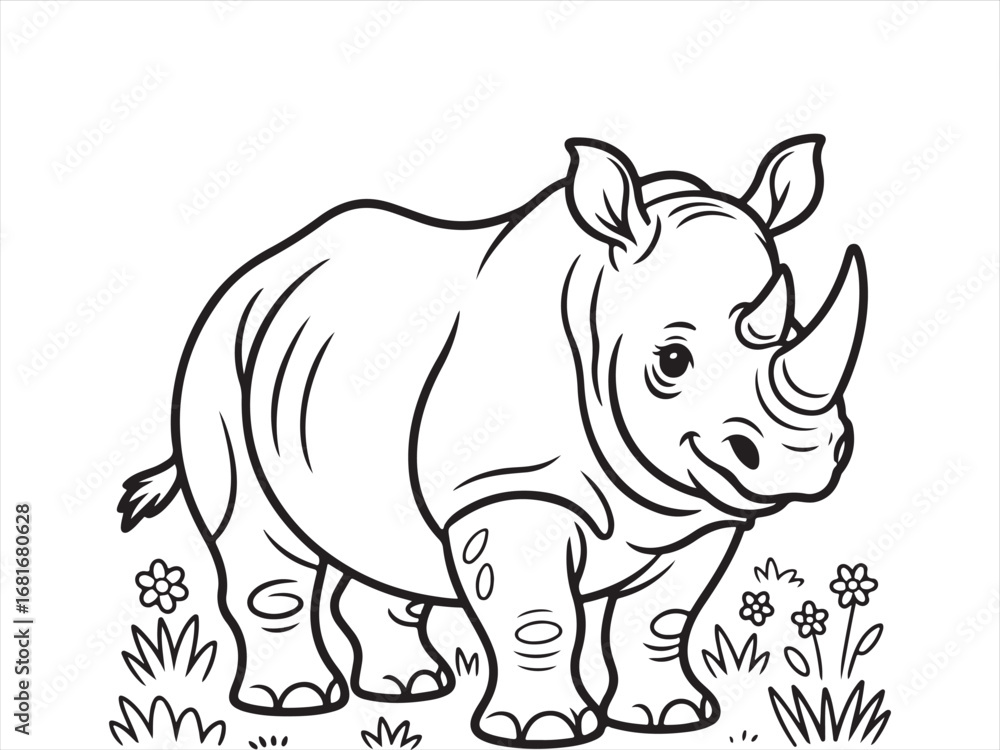 Fototapeta premium Cute Rhino with Flowers Line Drawing: Wildlife, Animal, Nature, Drawing, Floral, Rhino, Sketch, Wildlife Art, Fun, Decorative