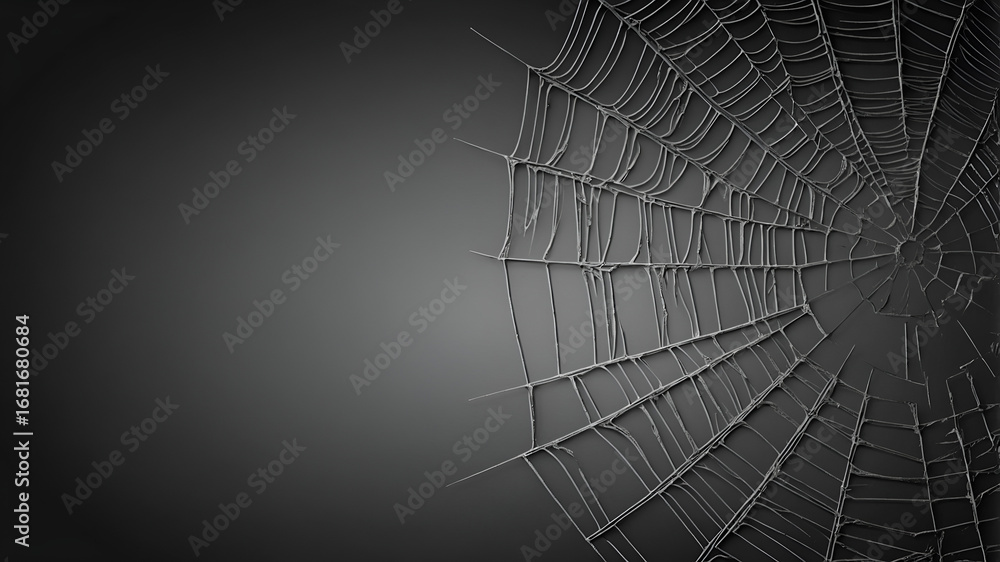 Naklejka premium Minimal monochrome spider web design with soft gray tones, elegant symmetry and central space for copy.