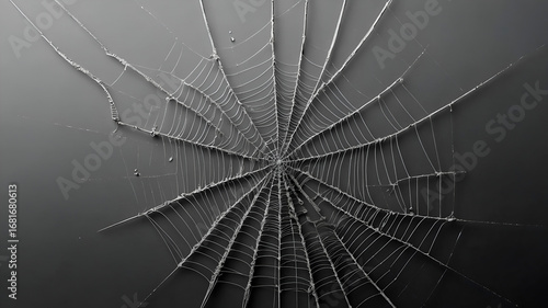 Minimal monochrome spider web design with soft gray tones, elegant symmetry and central space for copy.