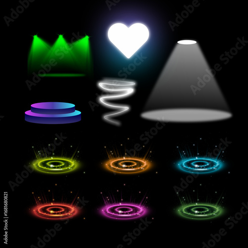 A collection of isolated stage lighting effects, including spotlights, a glowing heart, and colorful futuristic portals on a black background.