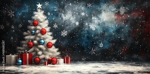 White Christmas tree with red and blue ornaments and gifts in snowy night white tree