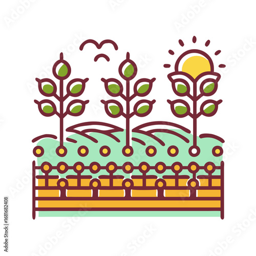 Vector art of colorful field with plants, sun, birds, and fence for agriculture, farming, and rural cultivation