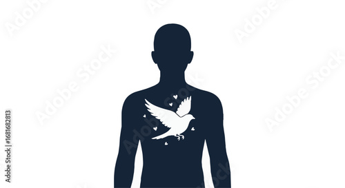 Inner peace and freedom symbolized by a white dove flying within a human silhouette, representing mental well-being and hope.