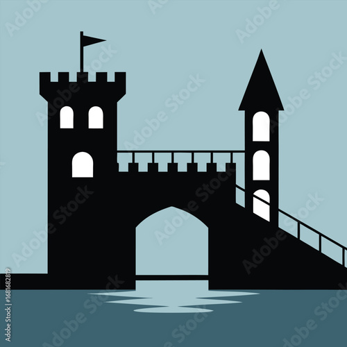 Black silhouette of a castle bridge over water with a flag on a tower architecture