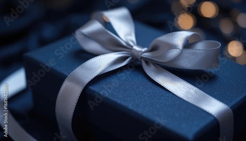 A navy blue gift box, elegantly wrapped with a silver ribbon bow,  in a soft, festive setting.