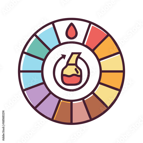 Vector art of colorful palette wheel with a chemical flask in the center, showcasing a range of hues and shades for design