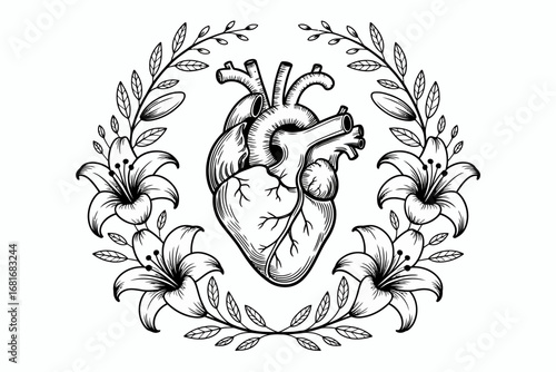 Anatomical Heart with Floral Wreath Illustration Gothic Black and White Artistic Concept for Tattoo Design or Print