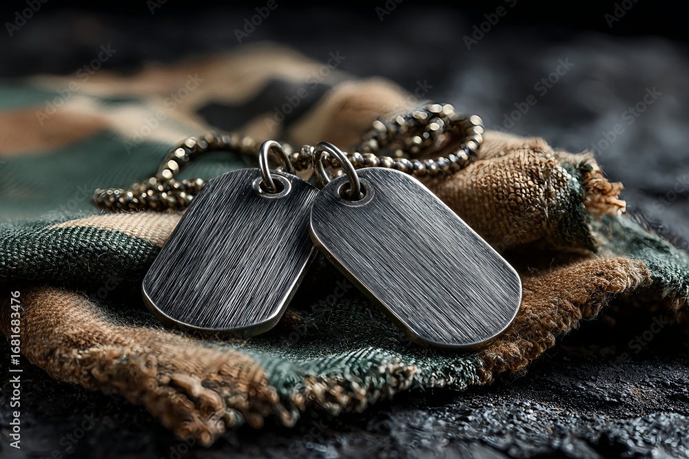 Fototapeta premium Close-up of military dog tags on camouflage fabric. Symbol of service and sacrifice, representing Veterans Day, Memorial Day and honoring fallen soldiers.