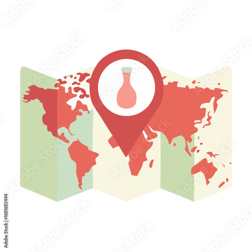 Vector art of world map with a wine bottle location pin, showcasing wine regions and travel destinations
