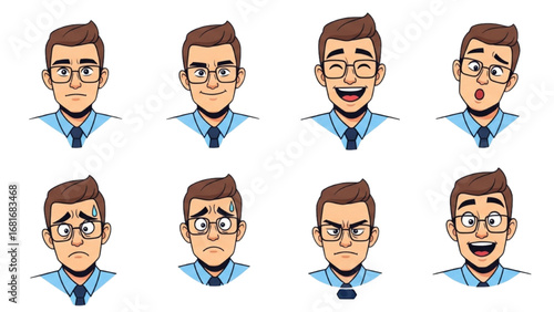 Office Man Multiple Mood Expressions Working 8 Hours Business Professional