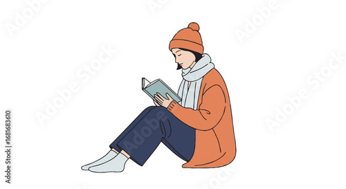 Person reading a book in cozy attire, embracing self-care and mental well-being through quiet relaxation. Flat illustration.