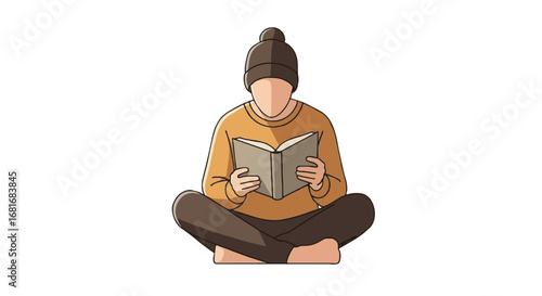 Mindful reading for mental well-being, self-care, and stress relief. Illustration of person relaxing with a book for inner peace.