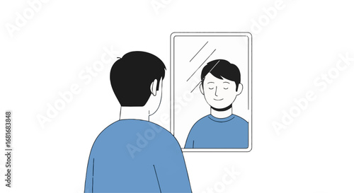 Person looking in mirror, seeing a happy, positive reflection. Concept of self-love, self-care, mental health, and emotional well-being.