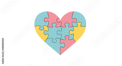 Pastel heart jigsaw puzzle: mental health, autism awareness, inclusion, unity, empathy, support, well-being concept