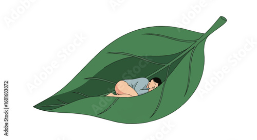 Calm person resting peacefully within a green leaf, symbolizing nature's comfort, peace, protection, and mental well-being. Self-care illustration.