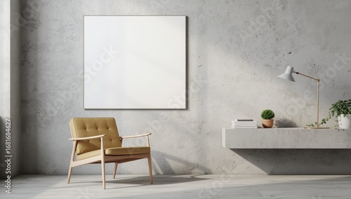 Modern minimalist interior design featuring a tufted armchair concrete wall and blank framed artwork with a desk and lamp