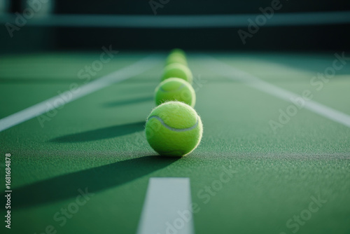 Wallpaper Mural Tennis balls are lined up on a green court, ready for a serve Torontodigital.ca