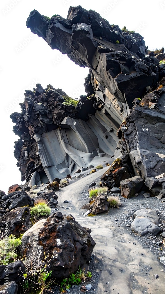 Fototapeta premium Dramatic volcanic rock formations, with a striking contrast of dark and light gray tones, create an awe-inspiring geological landscape.