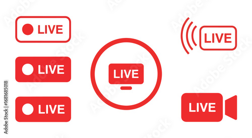 Set of five red and white live stream icons and buttons for broadcasting and streaming content