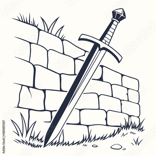 Dark Medieval Sword Leaning Against Stone Wall with Grass and Pebbles vector illustration