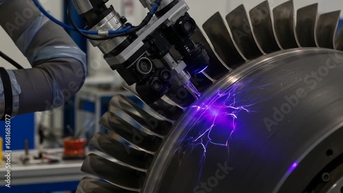 Robotic Arm Working on Jet Engine Turbine Blades in High-Tech Manufacturing