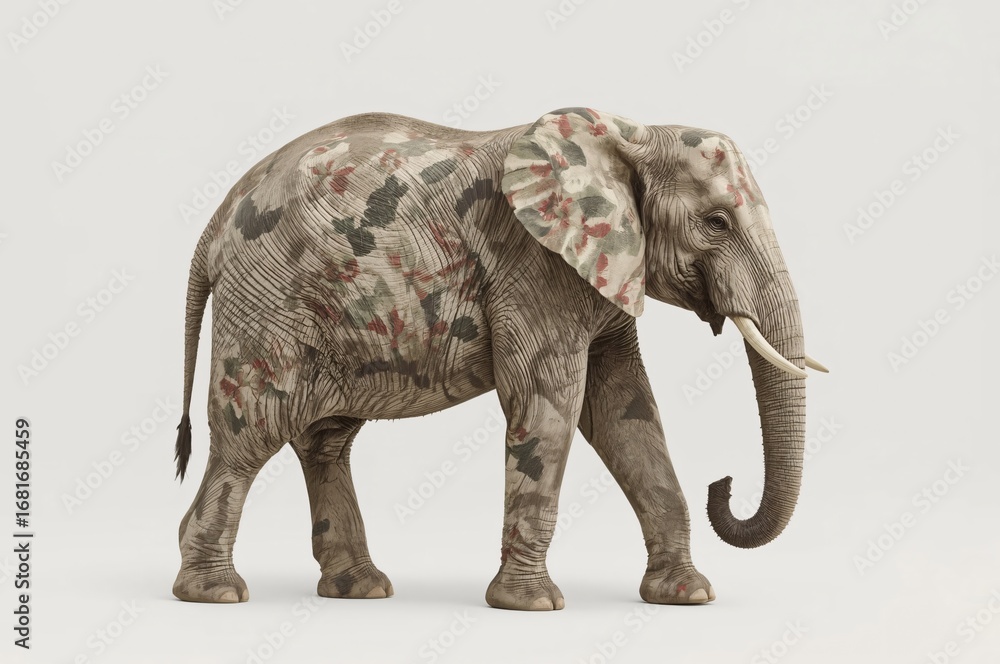 Fototapeta premium Camouflaged elephant walking, studio shot, neutral background, conservation