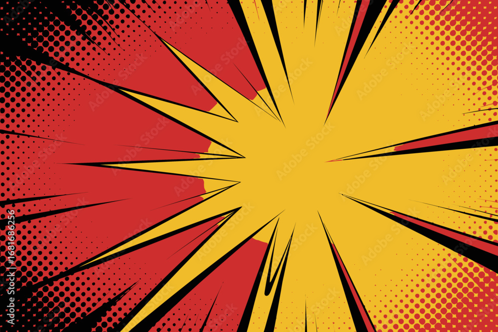 Fototapeta premium Dynamic Comic Book Style Background with Bursting Yellow and Red Colors and Halftone Dots for Action Scenes and Graphic Novels