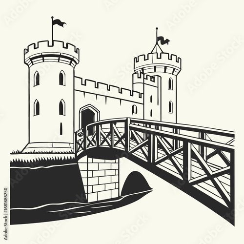 Majestic medieval castle with drawbridge over water on white background Keywords: castle, medieval